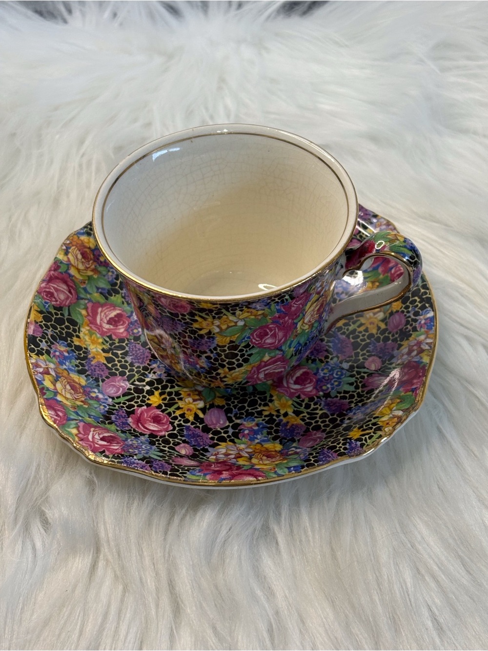 “Hazel” Vintage Floral Black and Gold Rim Tea Cup and Saucer Set